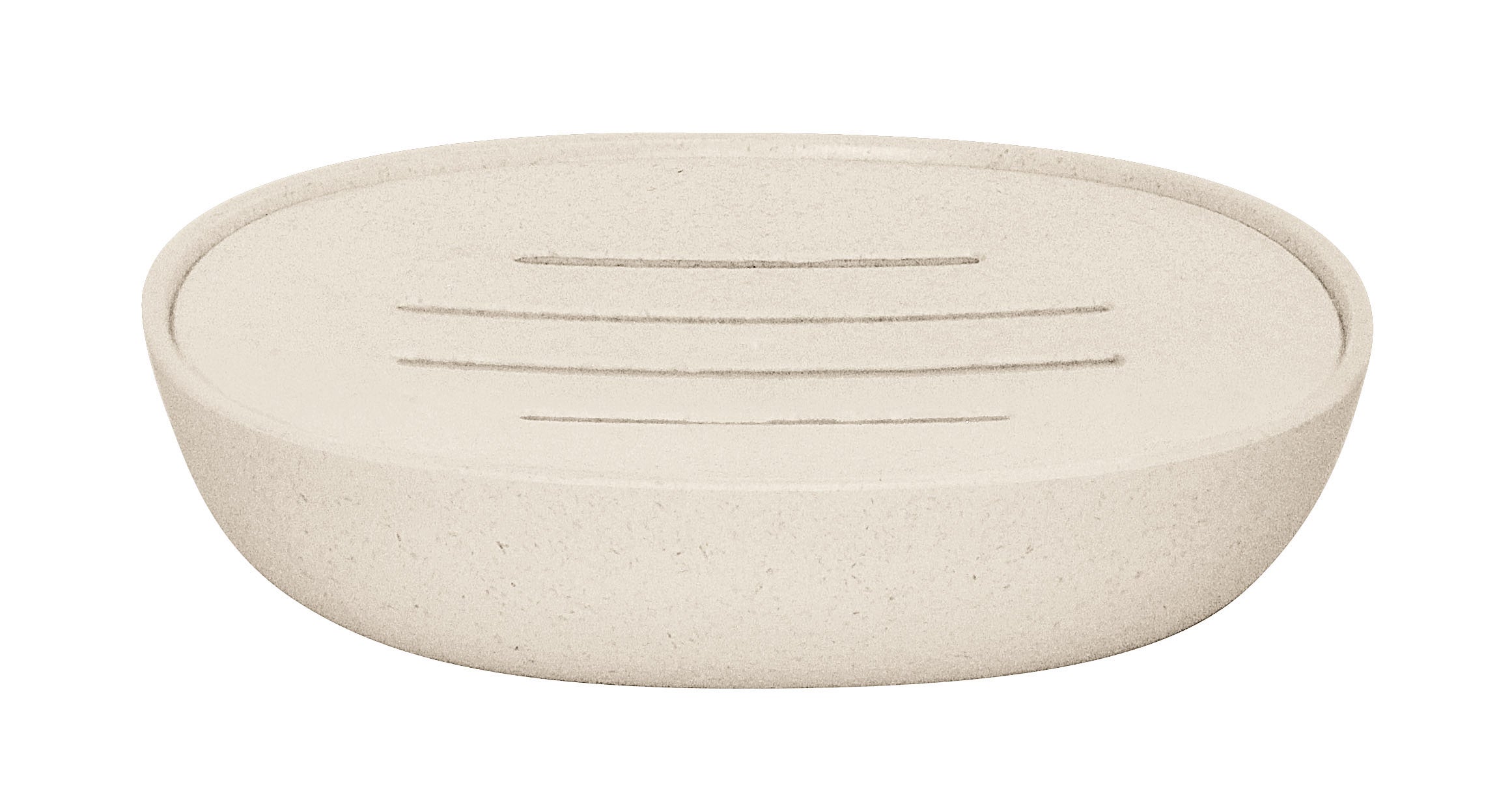 Ovale beige Seifenschale aus Kunststoff mit Rillen im Boden oben