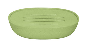 Ovale grüne Seifenschale aus Kunststoff mit Rillen oben im Boden