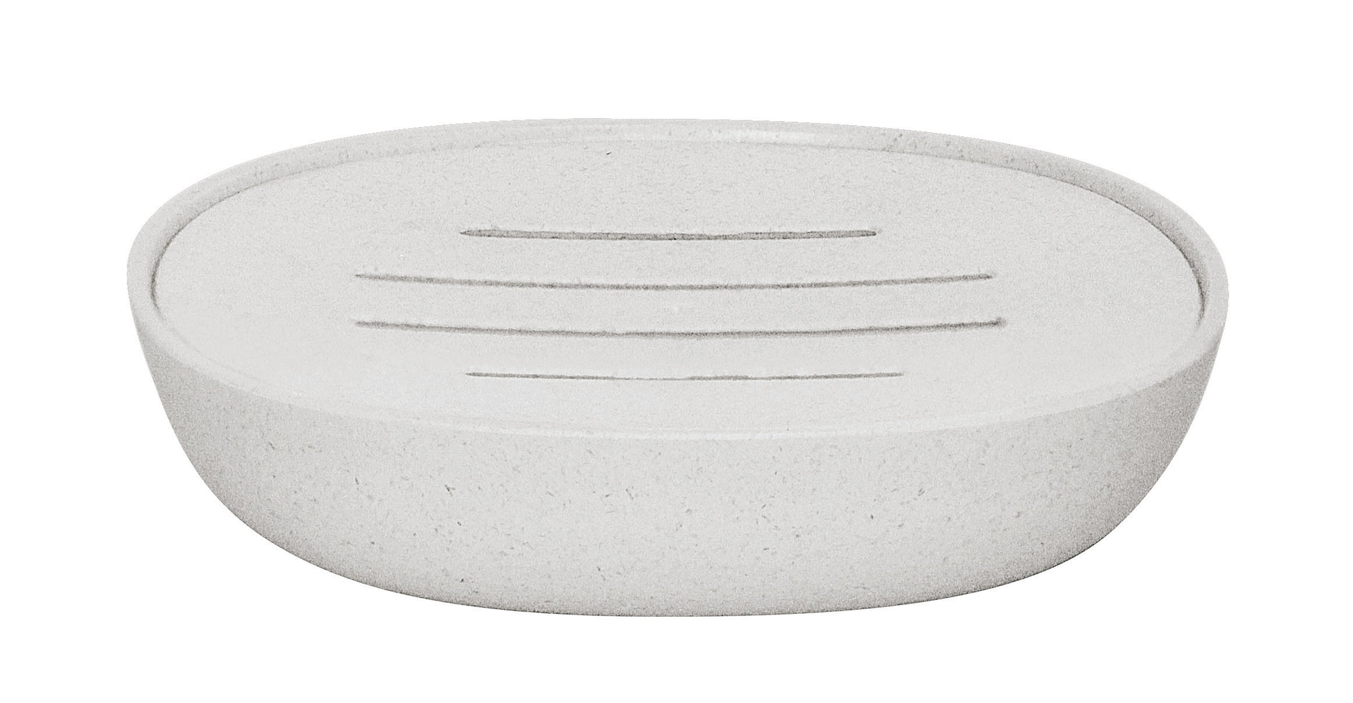 Oval weiße Seifenschale aus Kunststoff mit Rillen oben im Boden