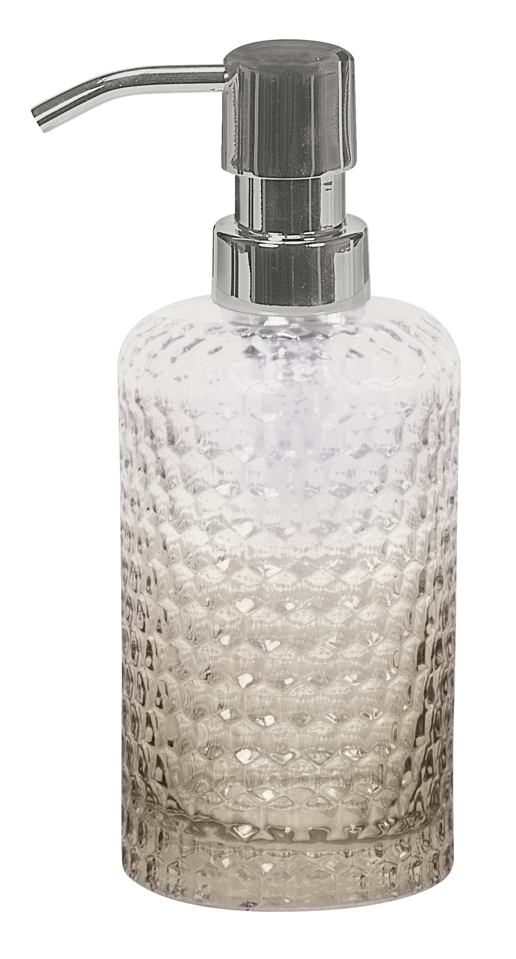 Seifenspender MELUA Sandbeige aus strukturiertem Glas mit silbernem Pumpkopf steht aufrecht.