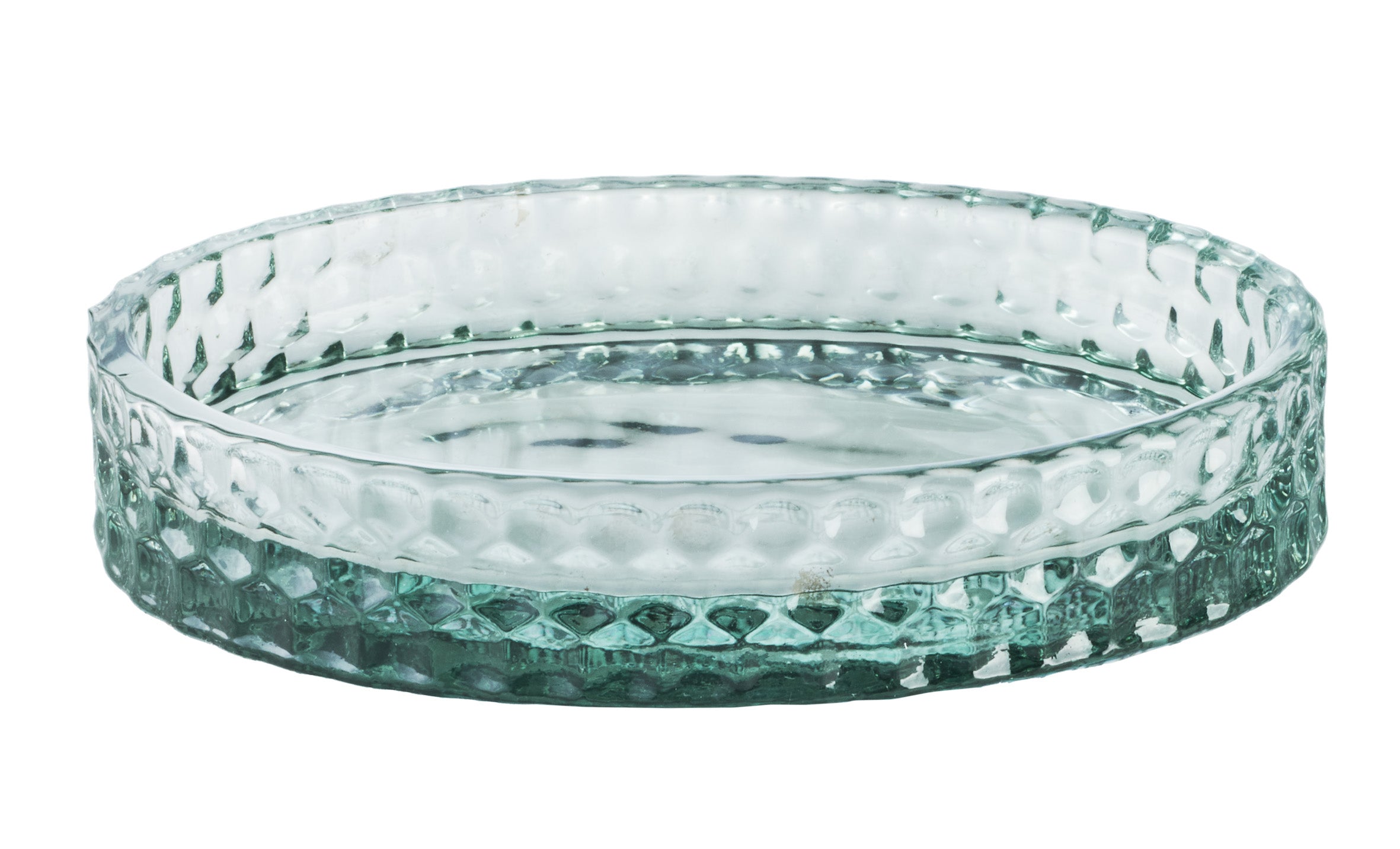 Die Seifenschale MELUA Maledivia aus strukturiertem, transparentem Glas liegt leer auf weißem Hintergrund.