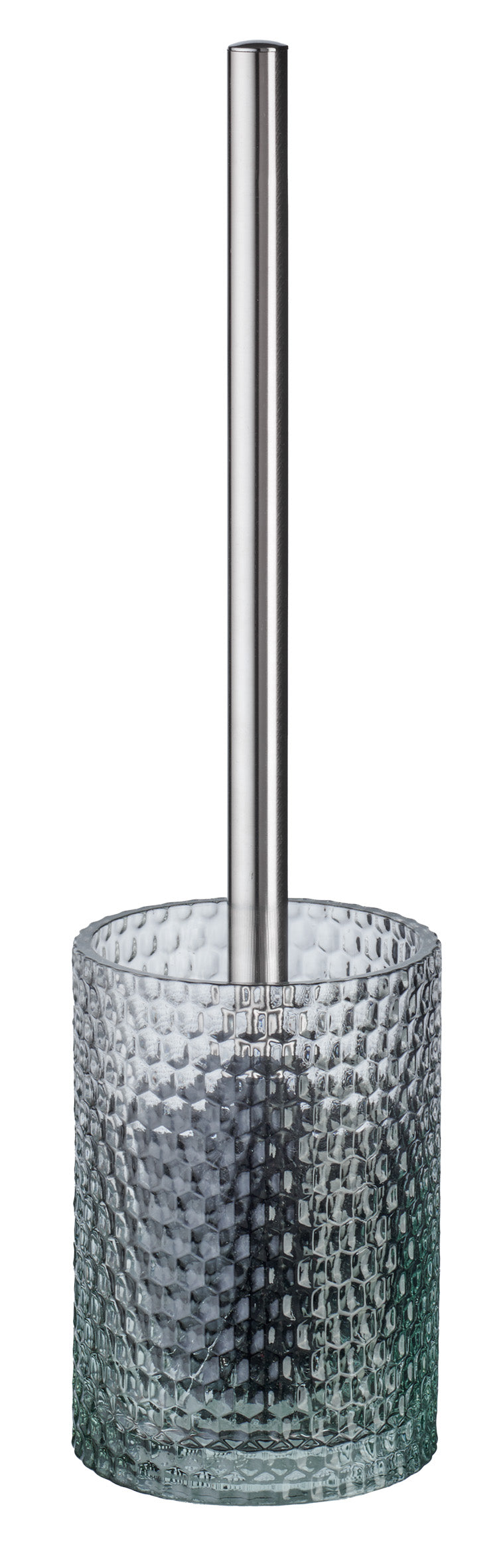 WC-Bürsten-Halter MELUA Maledivia aus strukturiertem Glas mit Edelstahlgriff in Nahaufnahme.