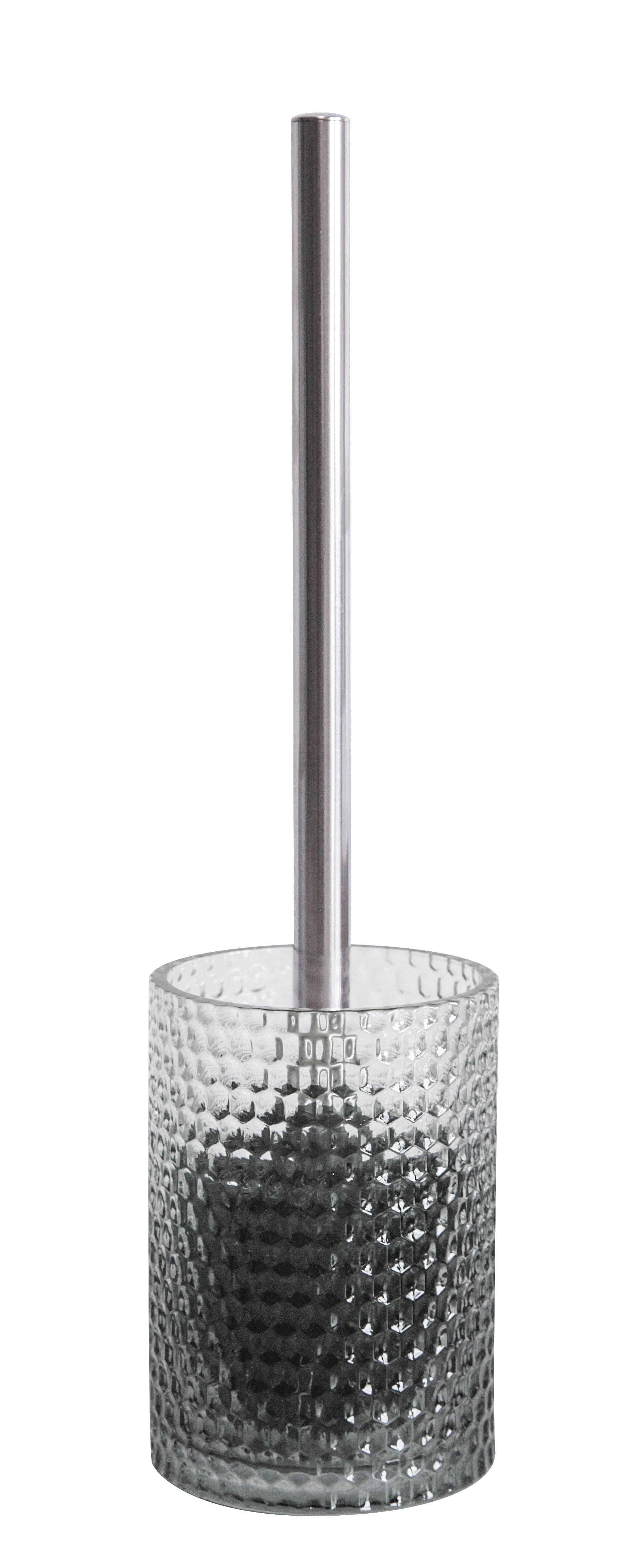 WC-Bürsten-Halter MELUA Anthrazit steht mit Bürste in gläsernem, strukturierten Behälter.