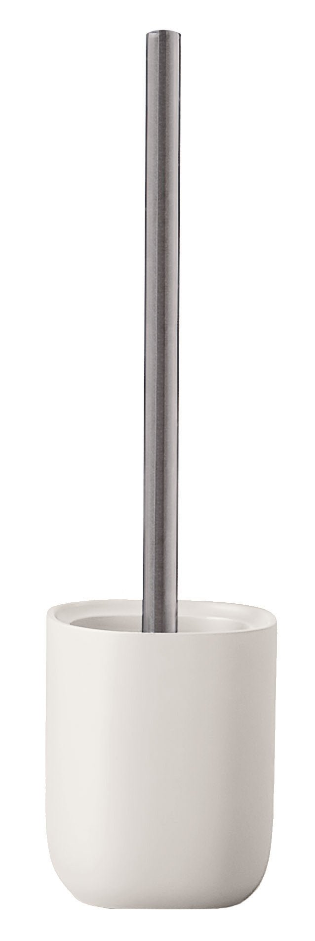 WC-Bürsten-Halter ALITA Ecru mit Edelstahlstiel steht freistehend vor weißem Hintergrund.