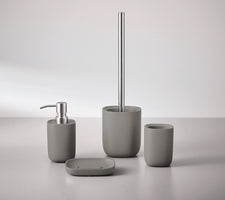 Graues Badaccessoire-Set mit Seifenspender, Becher, Schale, WC-Bürste