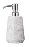 Eleganter Seifenspender aus weißem Marmor mit silbernem Pumpaufsatz