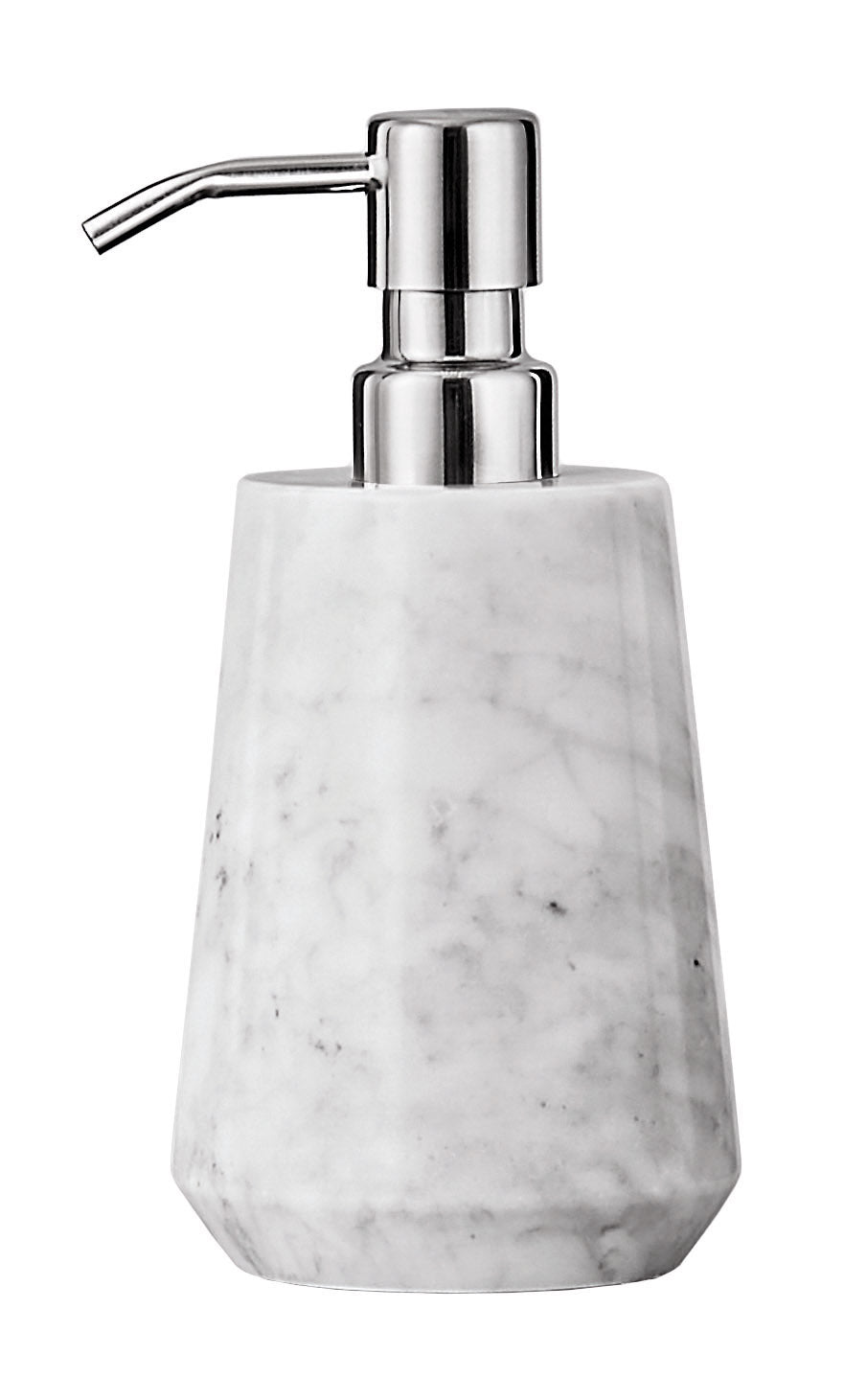 Der Seifenspender CARRARA Weiß steht mit Marmoroptik freistehend vor weißem Hintergrund.