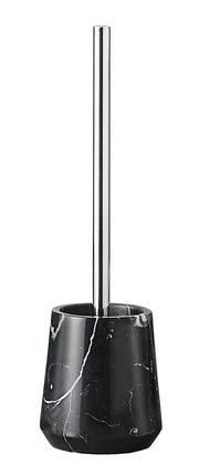 Der WC-Bürsten-Halter CARRARA Schwarz steht mit Edelstahlstiel auf weißem Hintergrund.