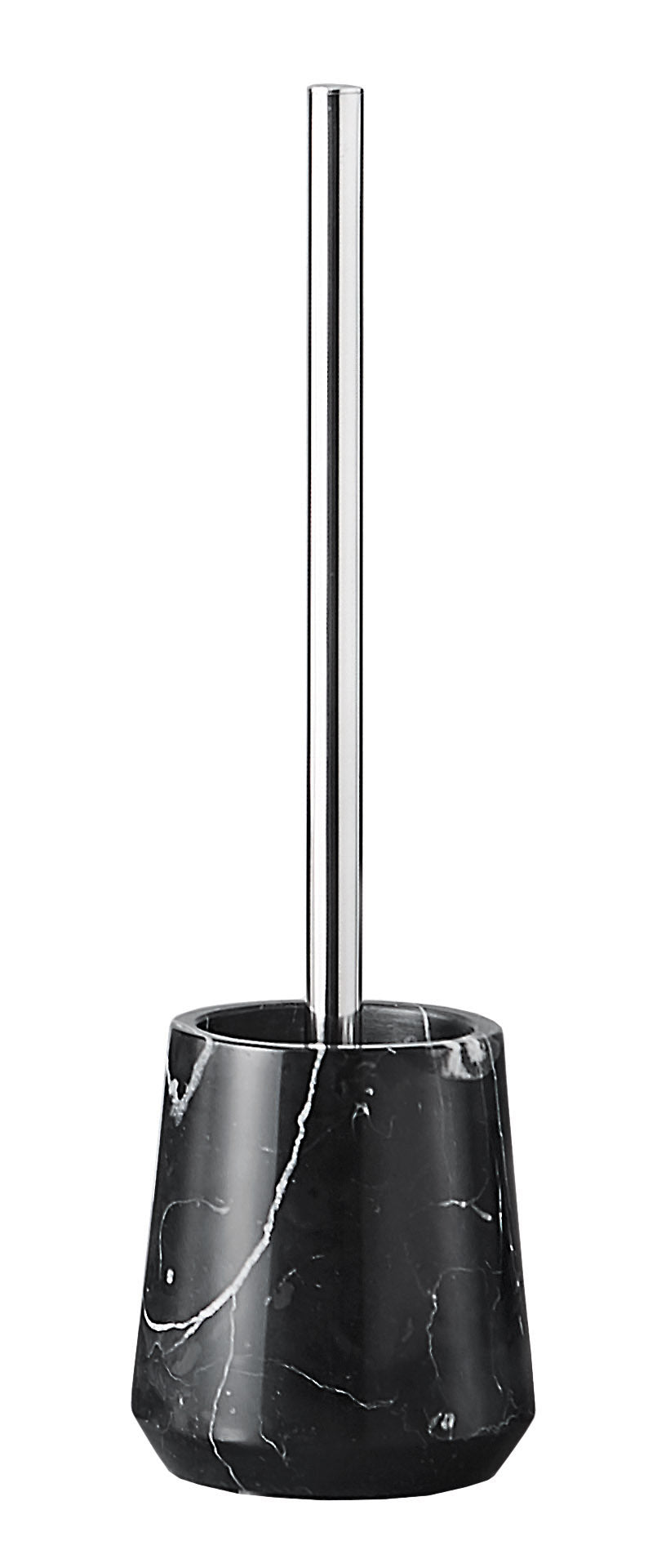 Der WC-Bürsten-Halter CARRARA Schwarz steht mit Edelstahlstiel auf weißem Hintergrund.