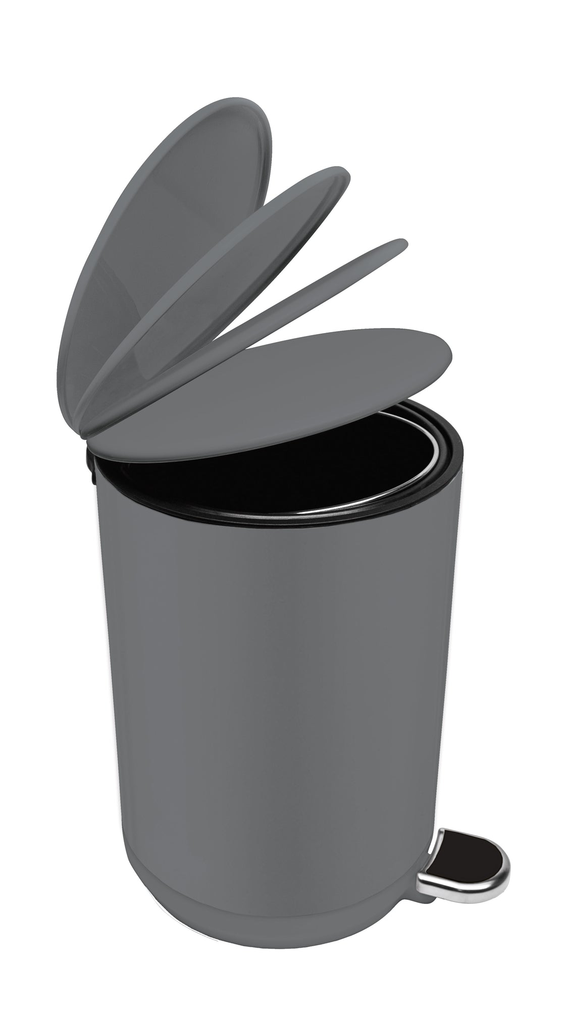 Grauer runder Treteimer mit mehrstufig geöffnetem Deckel aus Metall