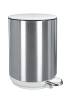 Kleiner runder Treteimer aus Edelstahl mit weißem Deckel und Boden