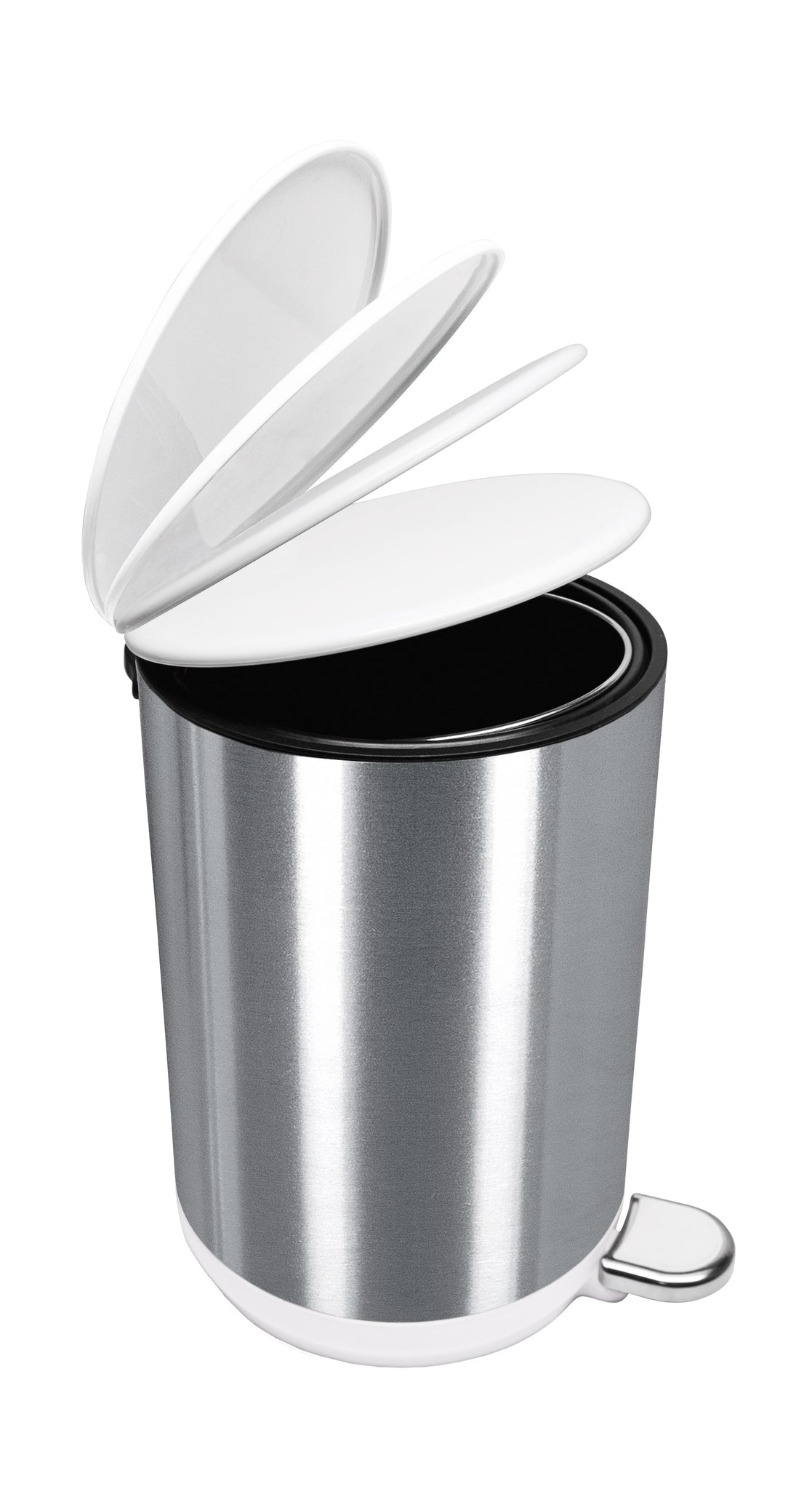 Kosmetikeimer COLONNA Weiß 5 Liter aus Edelstahl mit geöffnetem Deckel und Fußpedal in Nahaufnahme.