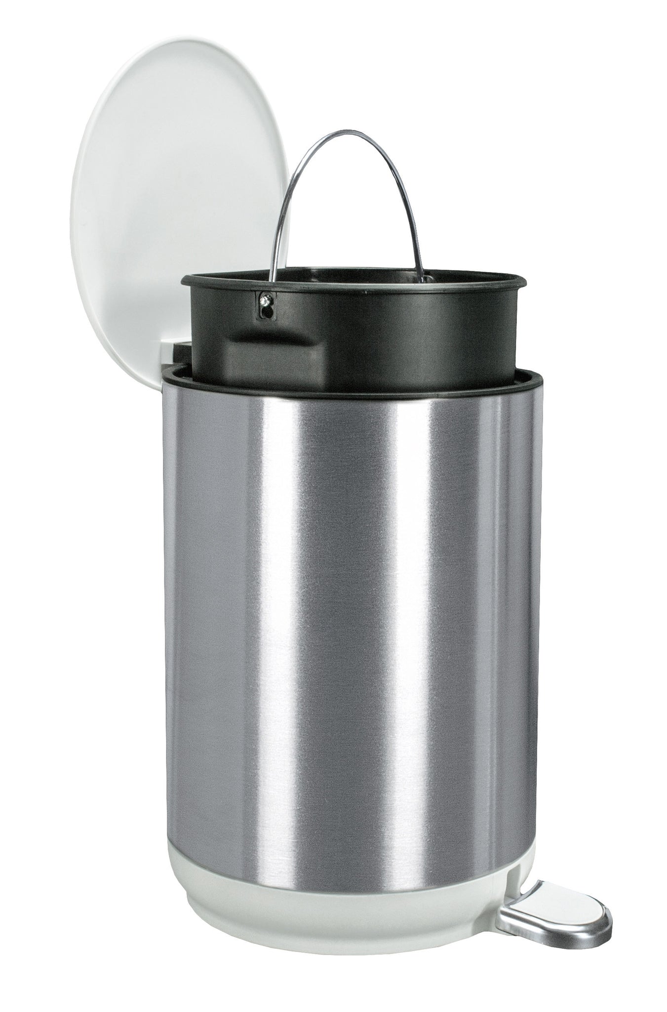 Kosmetikeimer COLONNA Weiß 5 Liter mit geöffnetem Deckel und herausnehmbarem Inneneimer aus Metall.