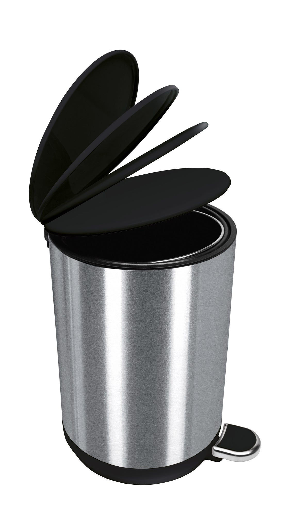 Kosmetikeimer COLONNA Schwarz 5 Liter mit geöffnetem Deckel und Pedal in Edelstahloptik steht frei.