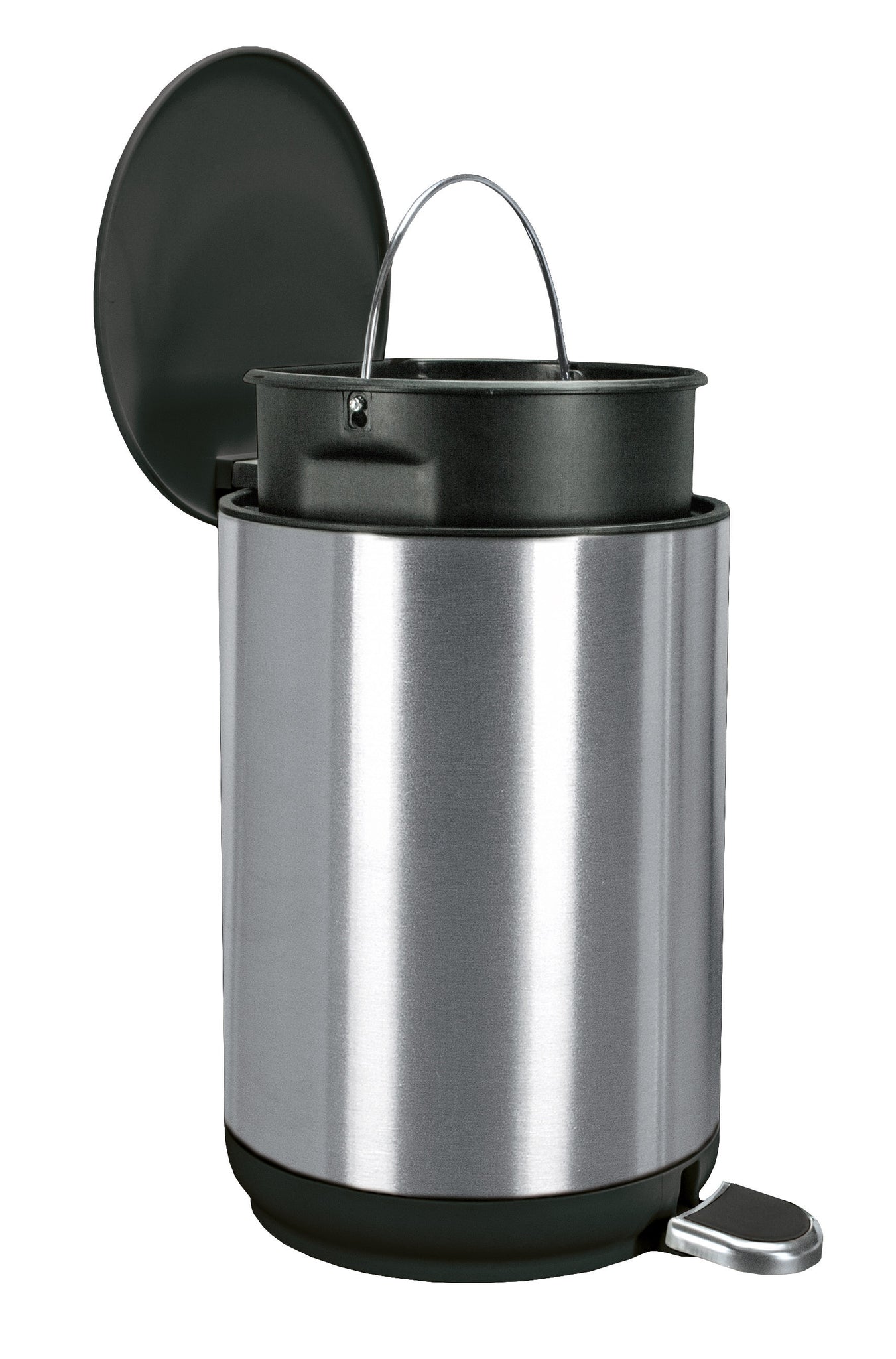 Kosmetikeimer COLONNA Schwarz 5 Liter aus Edelstahl mit geöffnetem Inneneimer und Pedal.