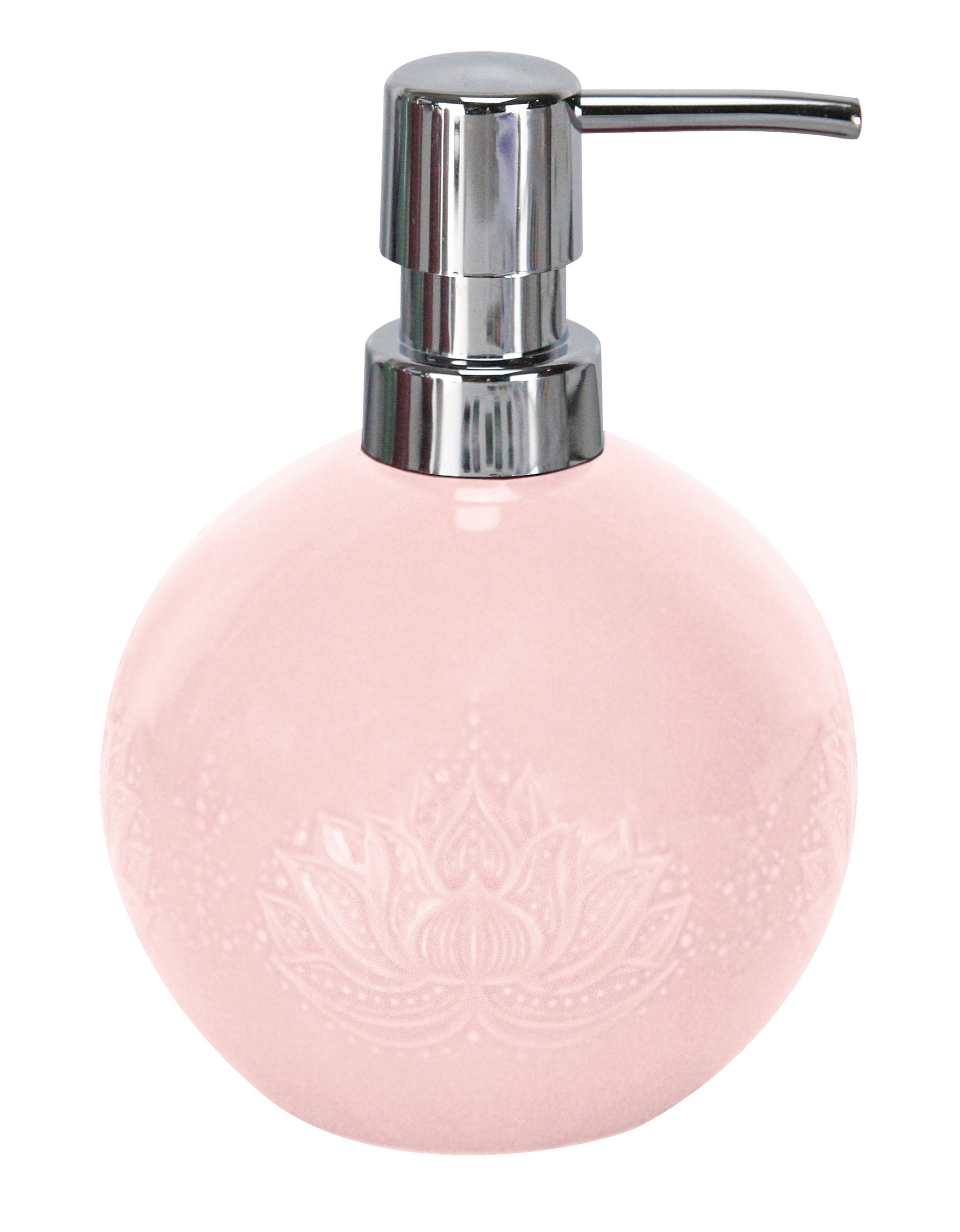 Rosa Seifenspender LOTUS Nelke mit Lotusrelief und silbernem Pumpkopf.