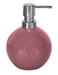Runder rosa Seifenspender aus Keramik mit Lotusrelief und Metallpumpe