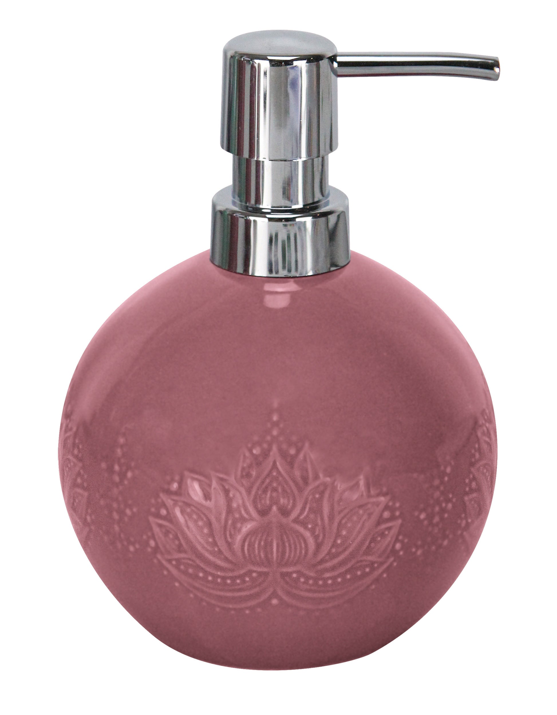 Runder Seifenspender LOTUS Beere aus Keramik mit Lotus-Relief und silberner Pumpe.