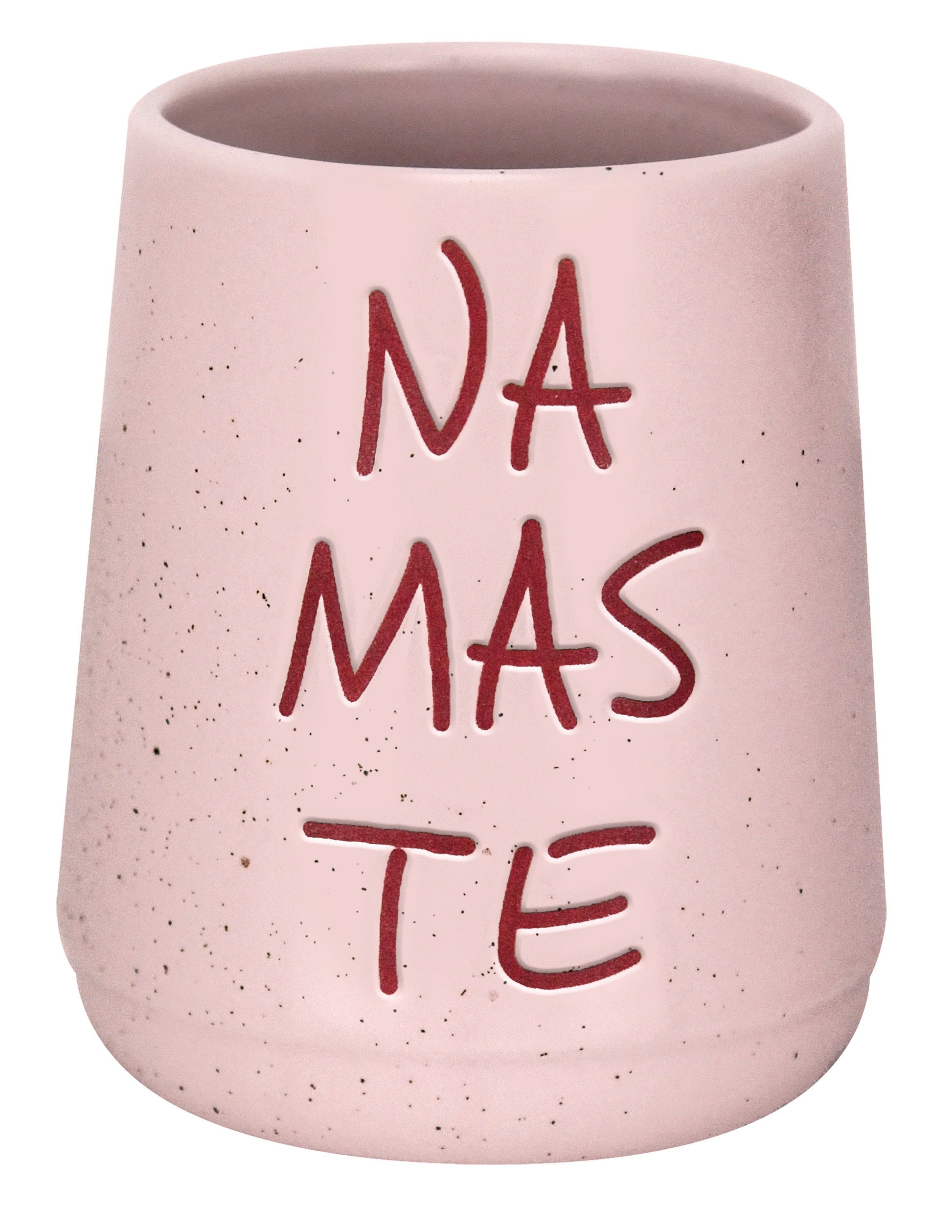 Rosa Zahnputzbecher aus Keramik mit Aufschrift NAMASTE vorne groß