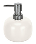 Weißer, runder Seifenspender aus Keramik mit verchromtem Pumpkopf