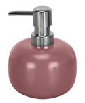 Runder rosa Seifenspender aus Keramik mit silbernem Pumpaufsatz