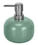 Grüner, runder Seifenspender aus Keramik mit silbernem Pumpkopf oben