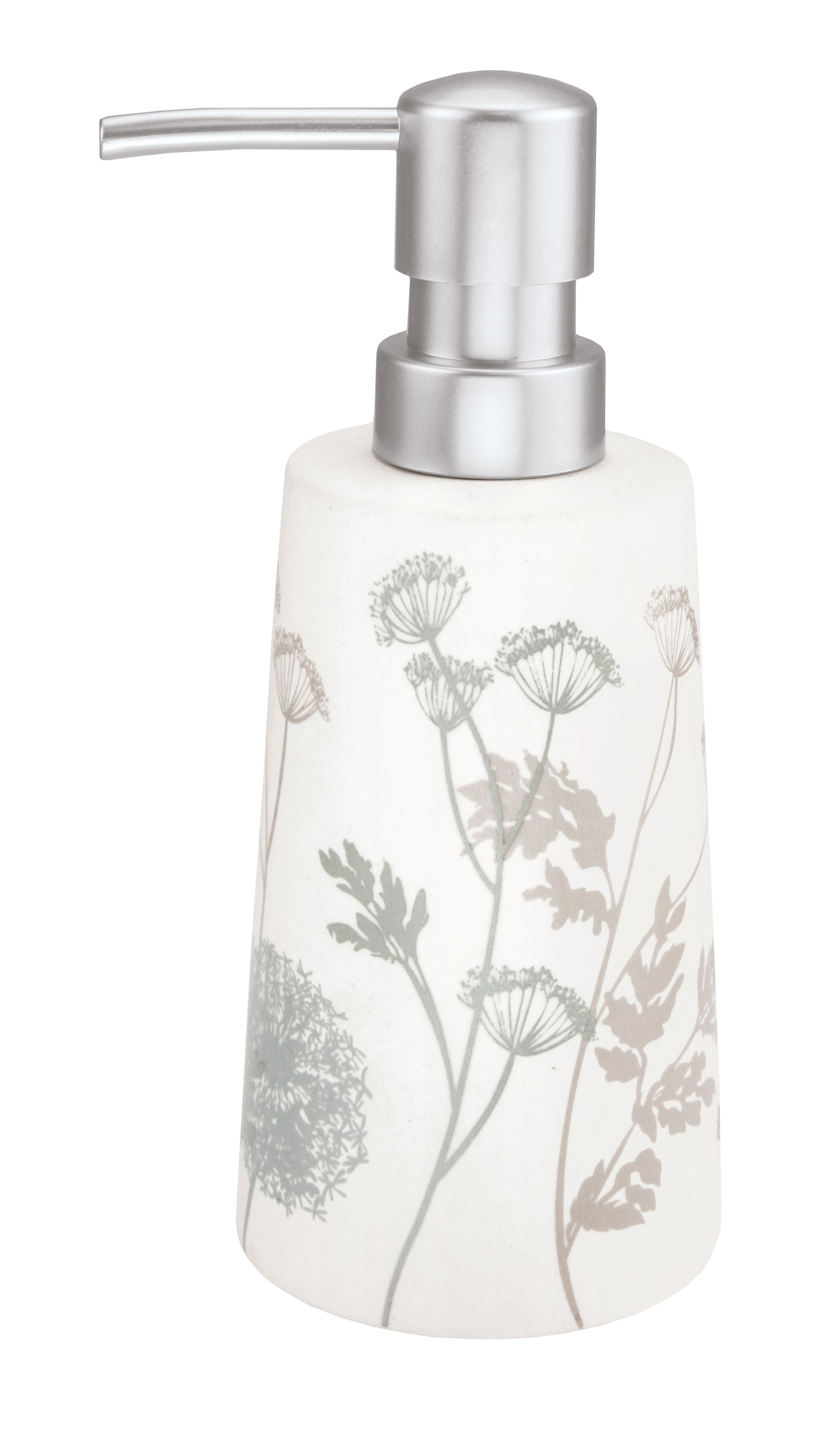 Seifenspender SAVANNAH Nebel aus Keramik mit zartem Pflanzenmotiv in Grau und Beige steht aufrecht.