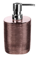 Runder Seifenspender aus roséfarbenem Glas mit silberner Pumpe oben