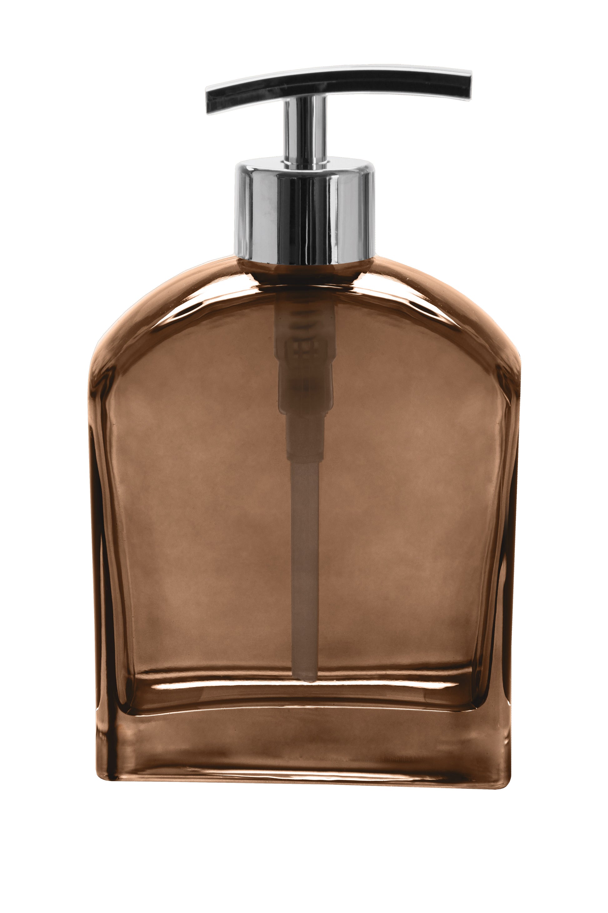 Seifenspender ARCO Nussbraun mit transparentem, nussbraunem Körper und verchromtem Pumpkopf von vorn.