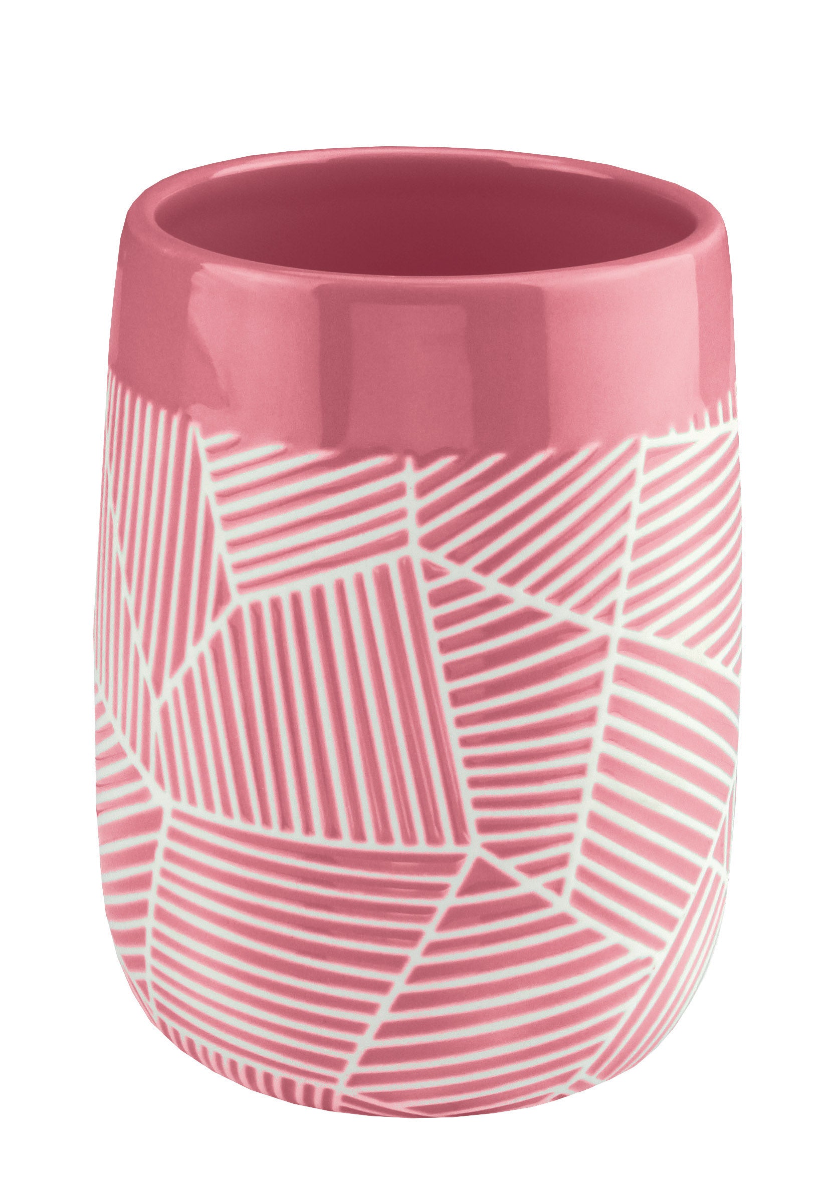 Zahnputzbecher SERENA Koralle steht aufrecht und zeigt ein grafisches Linienmuster.