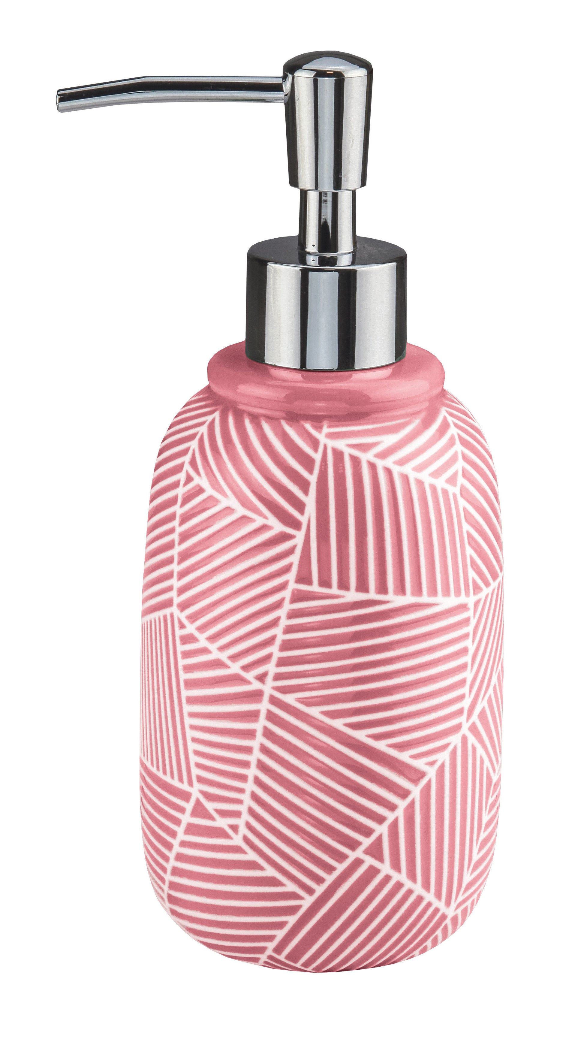 Seifenspender SERENA Koralle steht aufrecht und zeigt sein grafisch gemustertes, rosafarbenes Keramikgehäuse.