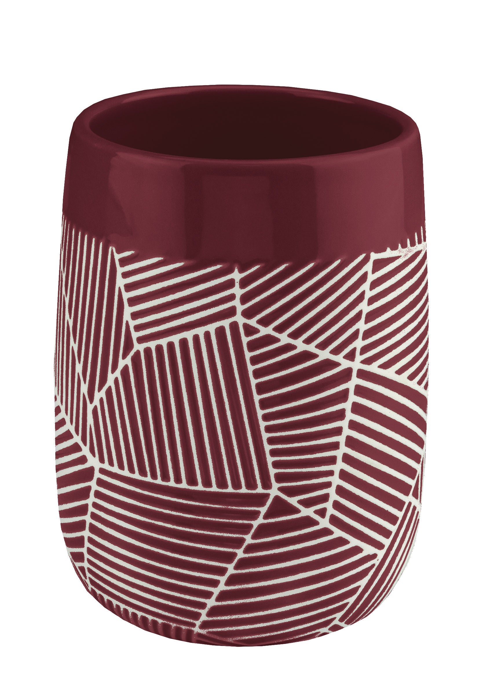 Zahnputzbecher SERENA Beere mit weißem Linienmuster steht aufrecht vor weißem Hintergrund.