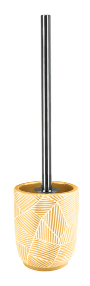WC-Bürsten-Halter SERENA Solaris steht mit Edelstahlstiel in gelbem, gemustertem Keramikbecher.