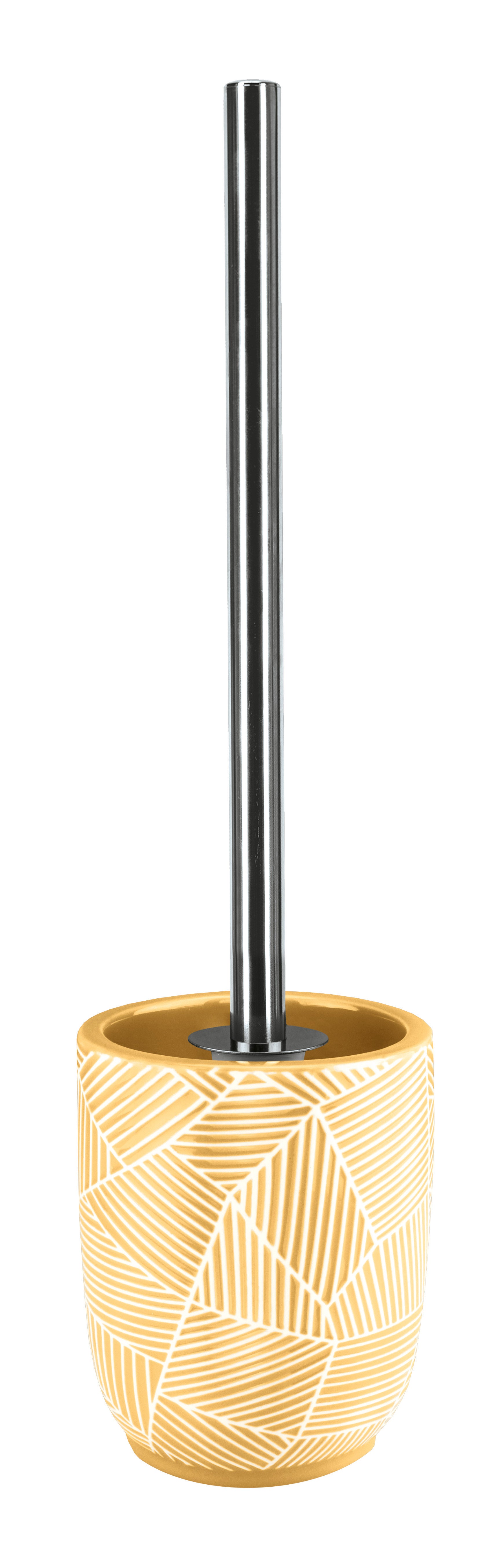 WC-Bürsten-Halter SERENA Solaris steht mit Edelstahlstiel in gelbem, gemustertem Keramikbecher.