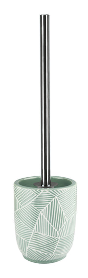 WC-Bürsten-Halter SERENA Maledivia mit gemustertem mintgrünem Keramikbehälter und Metallstiel steht aufrecht.