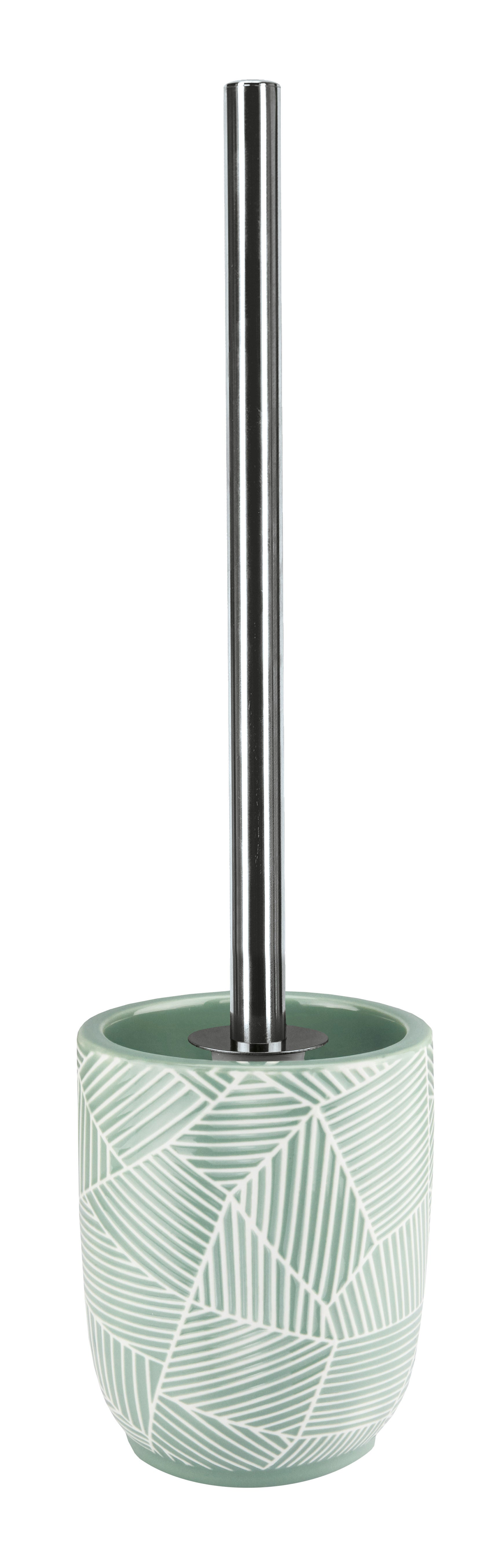 WC-Bürsten-Halter SERENA Maledivia mit gemustertem mintgrünem Keramikbehälter und Metallstiel steht aufrecht.