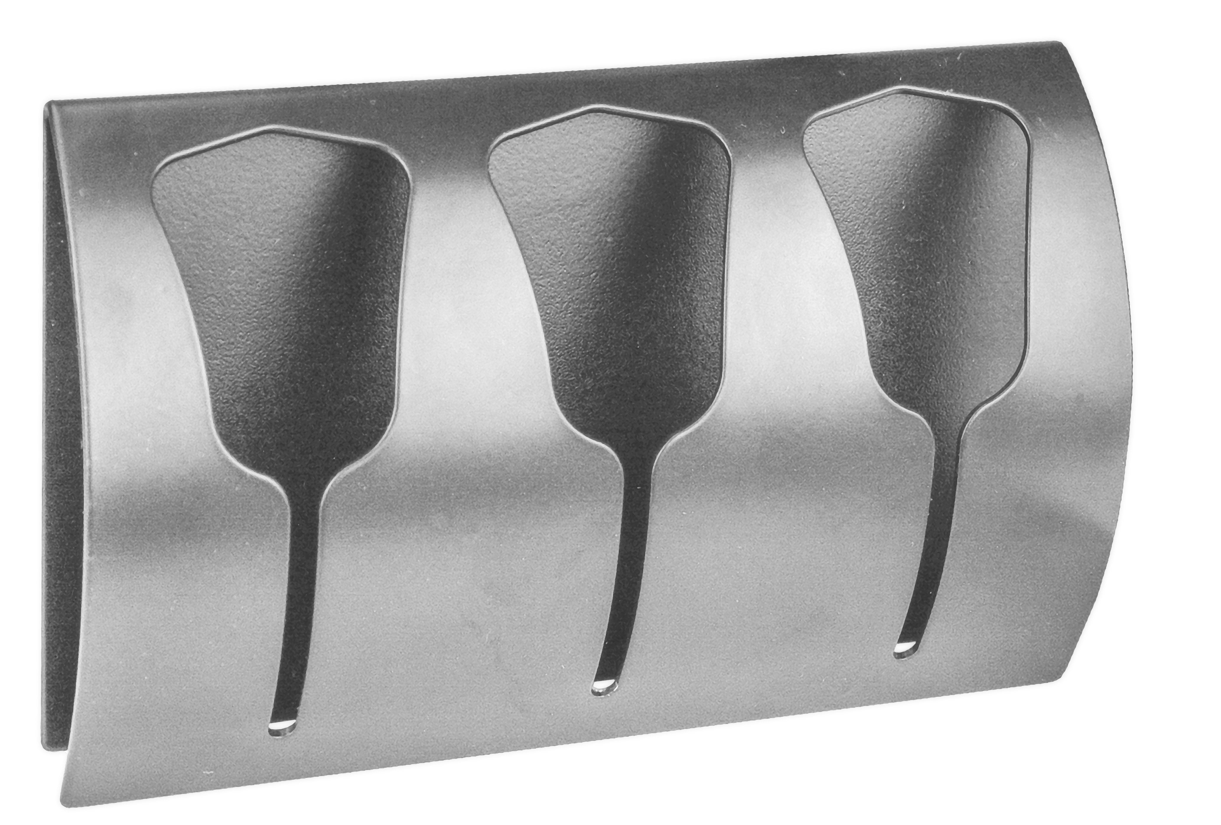 Wandhalterung aus Edelstahl mit drei schwarzen Fächern und Rundfront