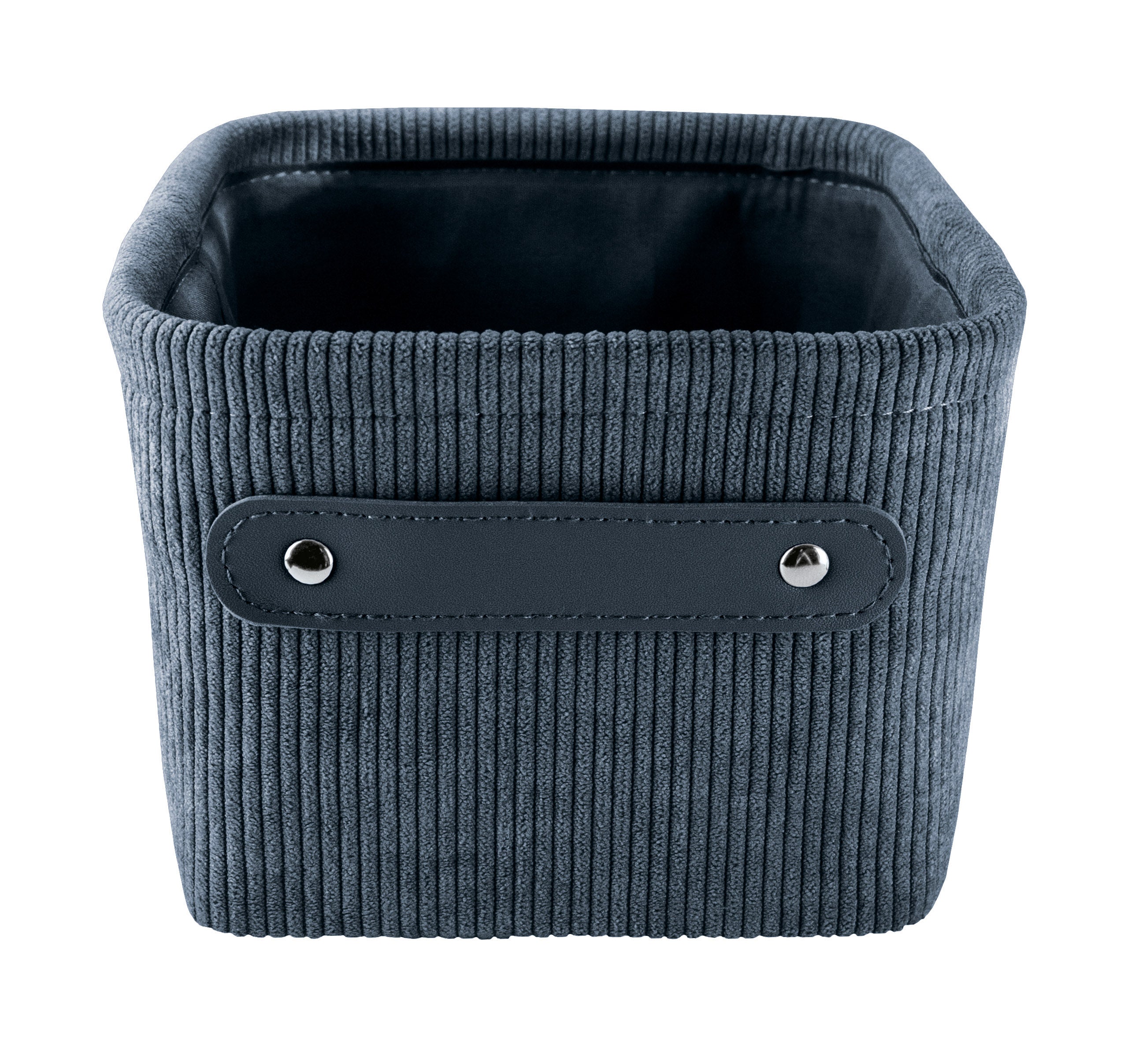 Auf dem Bild ist der blaue Aufbewahrungskorb BEDFORD Mare S aus Cord in Frontansicht zu sehen.