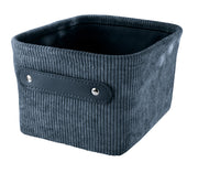 Quadratischer Aufbewahrungskorb BEDFORD Mare S aus dunkelgrauem Cord mit Griff aus Kunstleder.