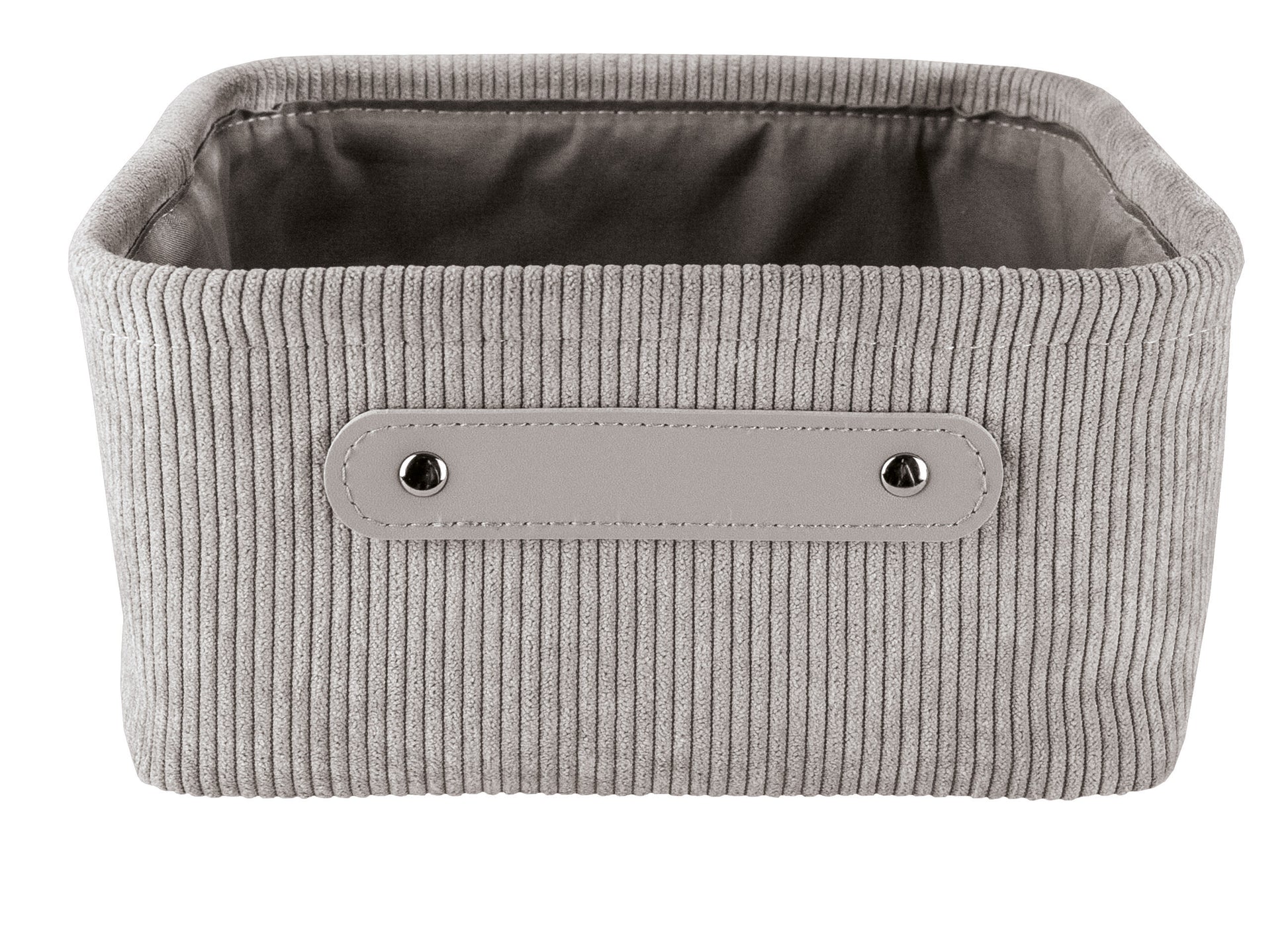 Auf dem Bild ist der platinfarbene Aufbewahrungskorb BEDFORD in Größe M von vorn zu sehen.
