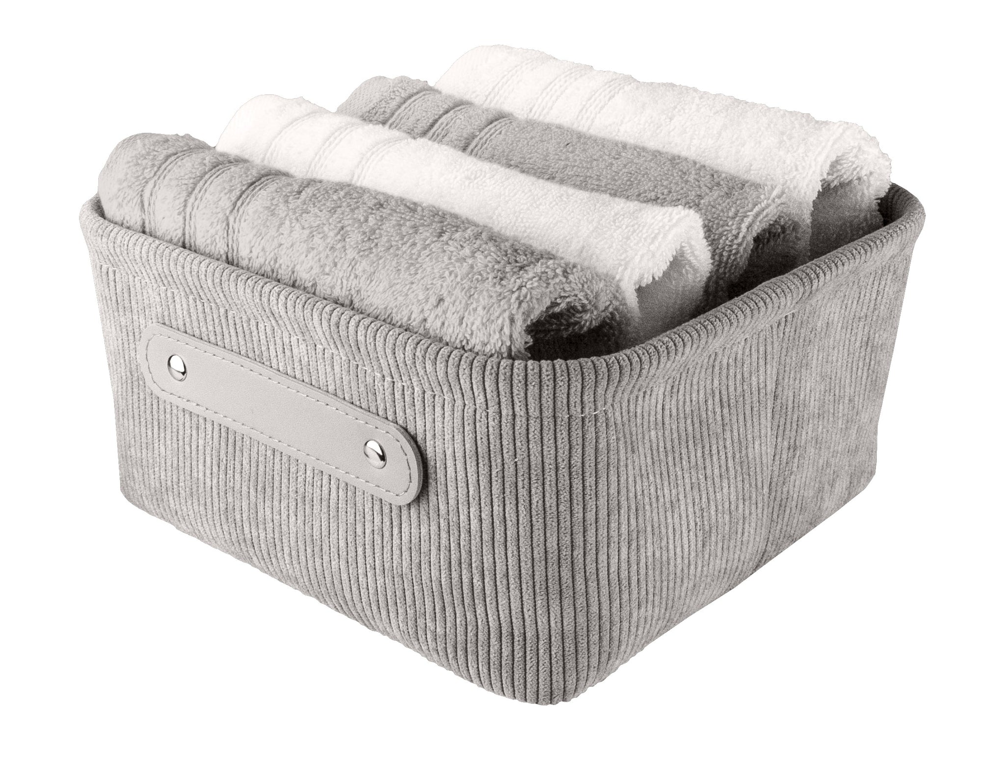 Aufbewahrungskorb BEDFORD platinfarben M mit grauen und weißen Handtüchern im Korb.
