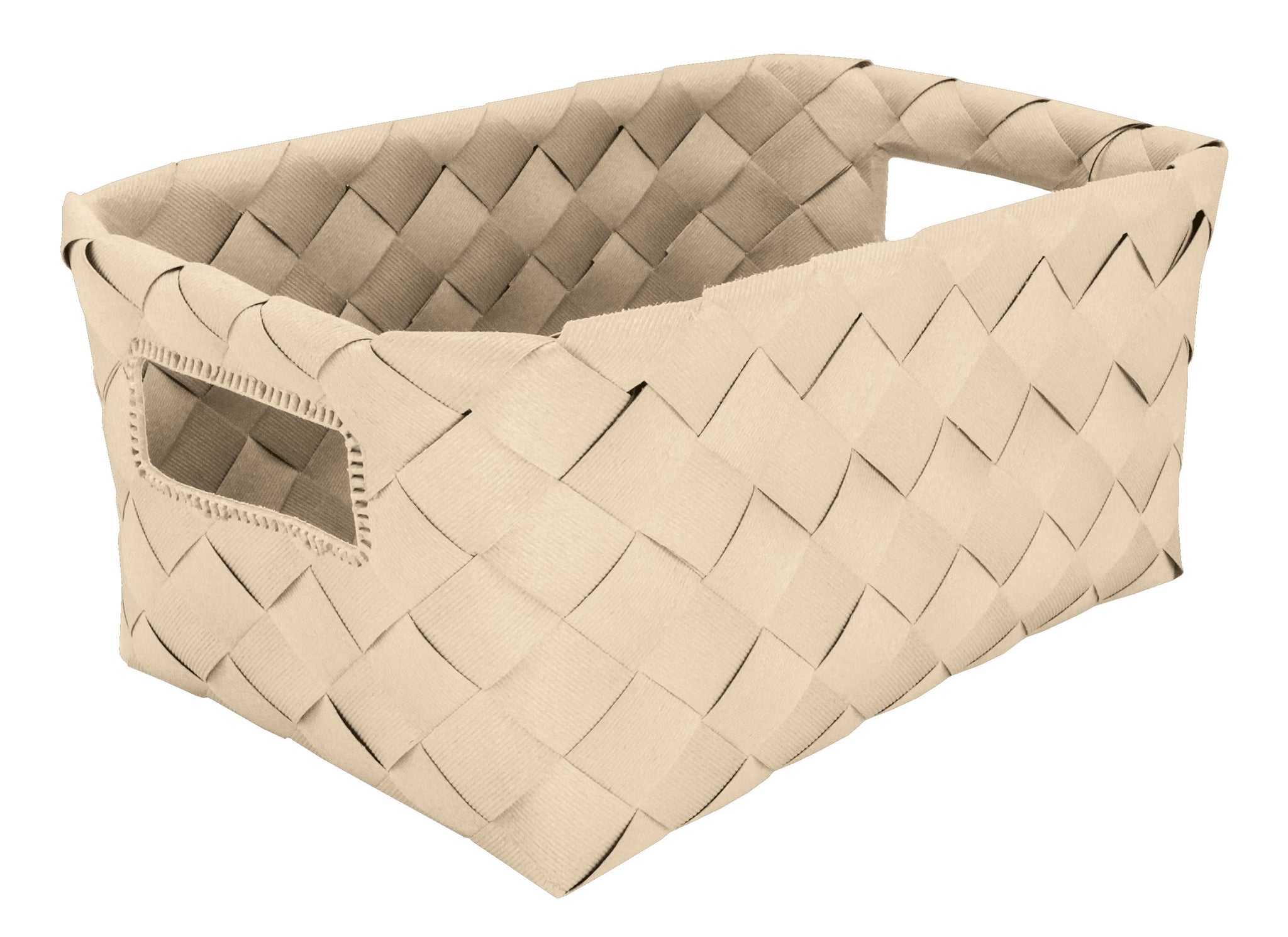 Rechteckiger Aufbewahrungskorb ASPERA Sandbeige M mit Flechtstruktur und Grifföffnungen.