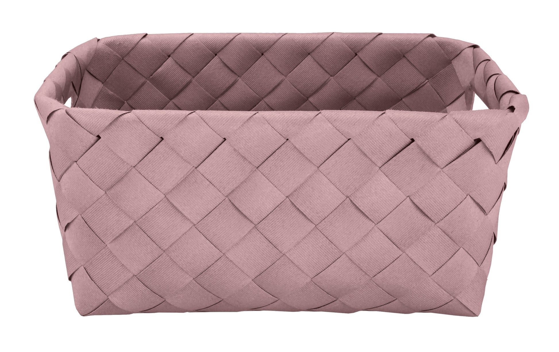 Rechteckiger Aufbewahrungskorb ASPERA Rouge M aus geflochtener Faser in Rosa steht frontal im Bild.