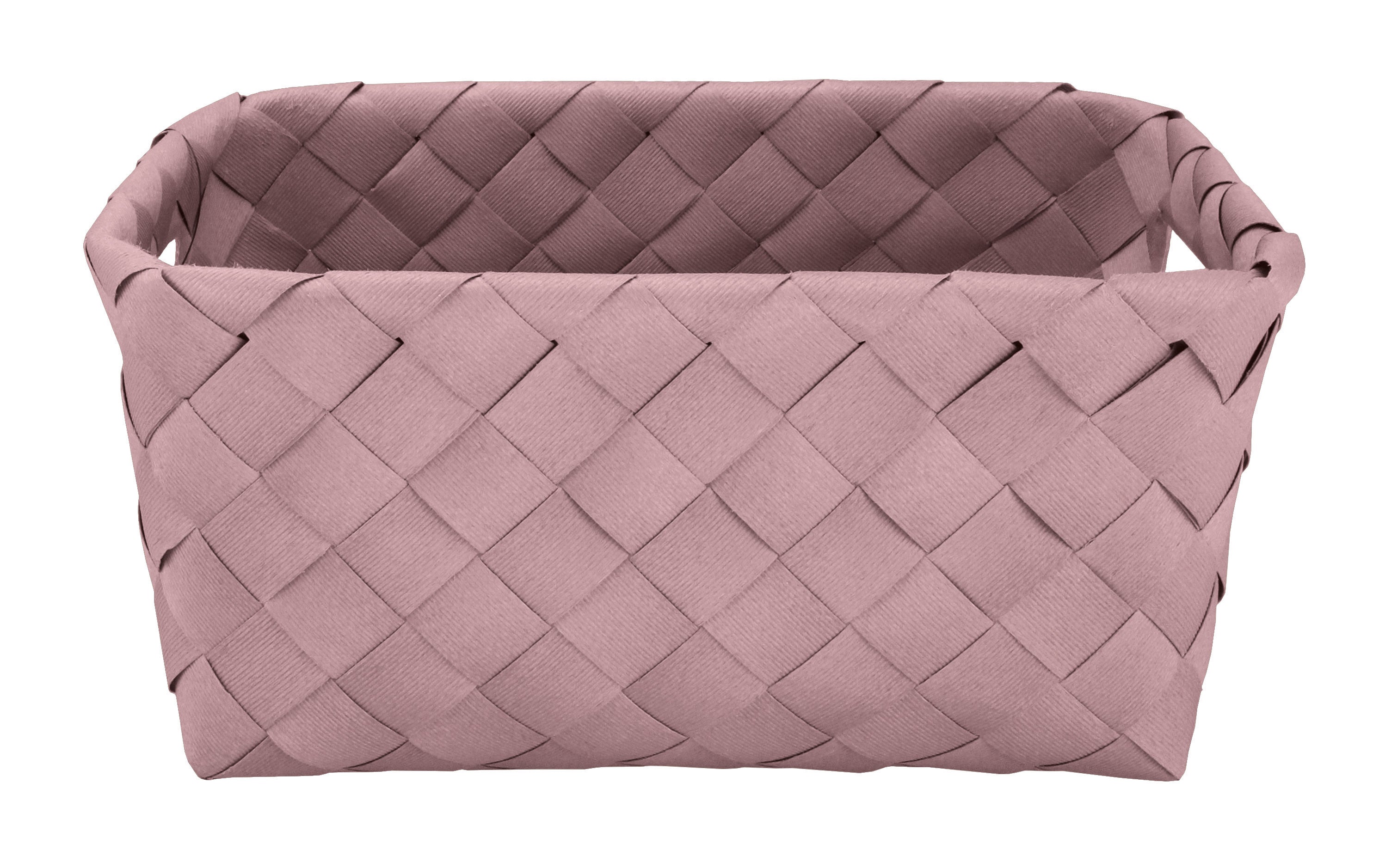 Rechteckiger Aufbewahrungskorb ASPERA Rouge M aus geflochtener Faser in Rosa steht frontal im Bild.