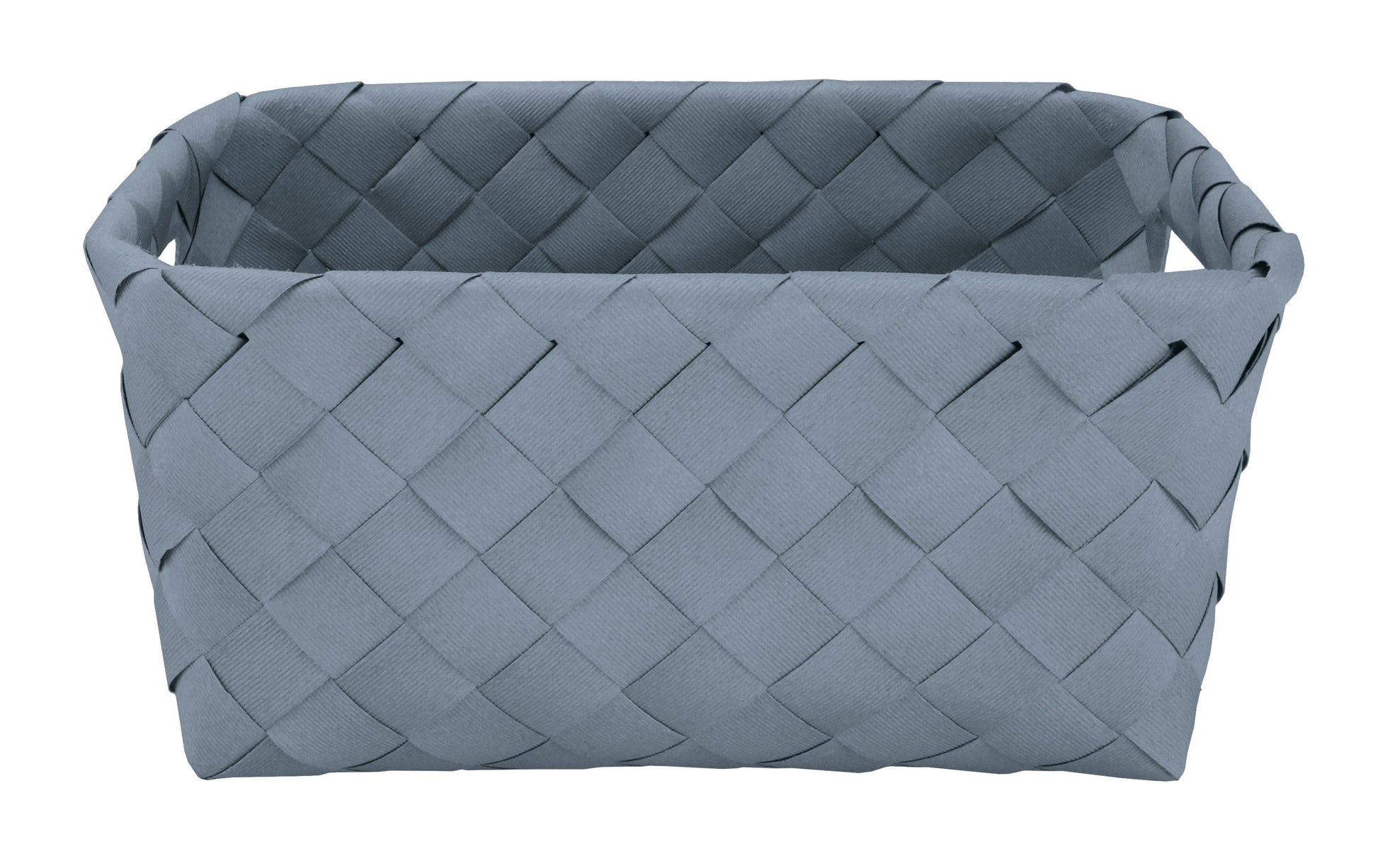 Der Aufbewahrungskorb ASPERA Mare M aus blauem Flechtmaterial steht frontal im Bild.