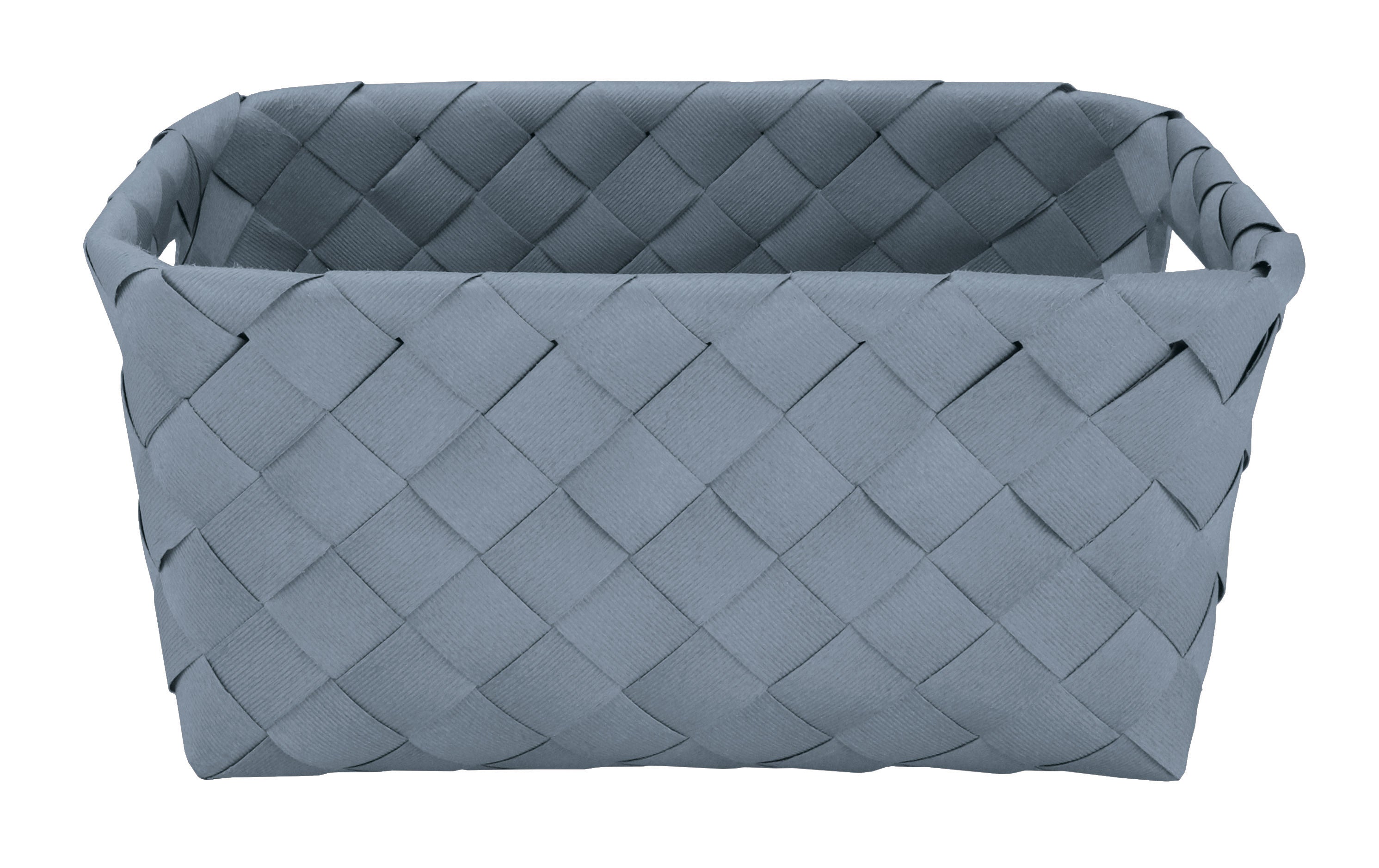 Der Aufbewahrungskorb ASPERA Mare M aus blauem Flechtmaterial steht frontal im Bild.