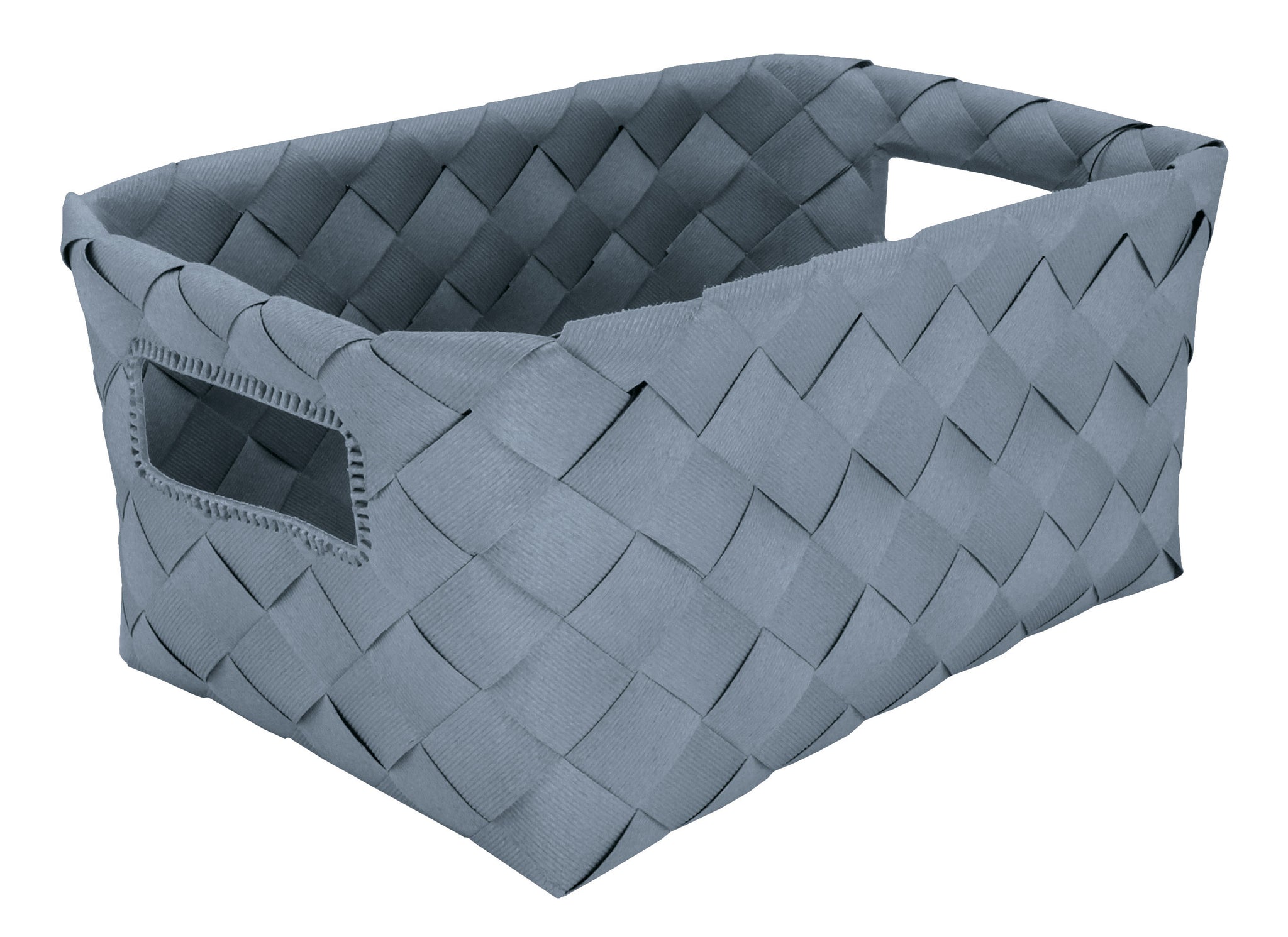 Aufbewahrungskorb ASPERA Mare M in Flechtoptik steht leer mit sichtbaren Grifföffnungen.