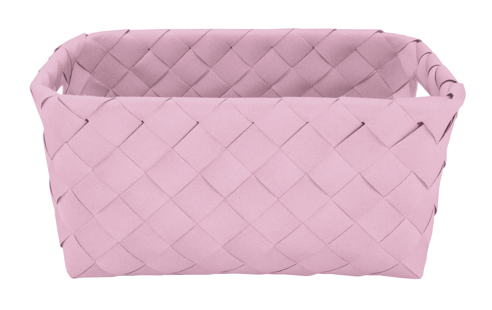 Der rosa Aufbewahrungskorb ASPERA Erika M aus Flechtstruktur steht leer vor weißem Hintergrund.