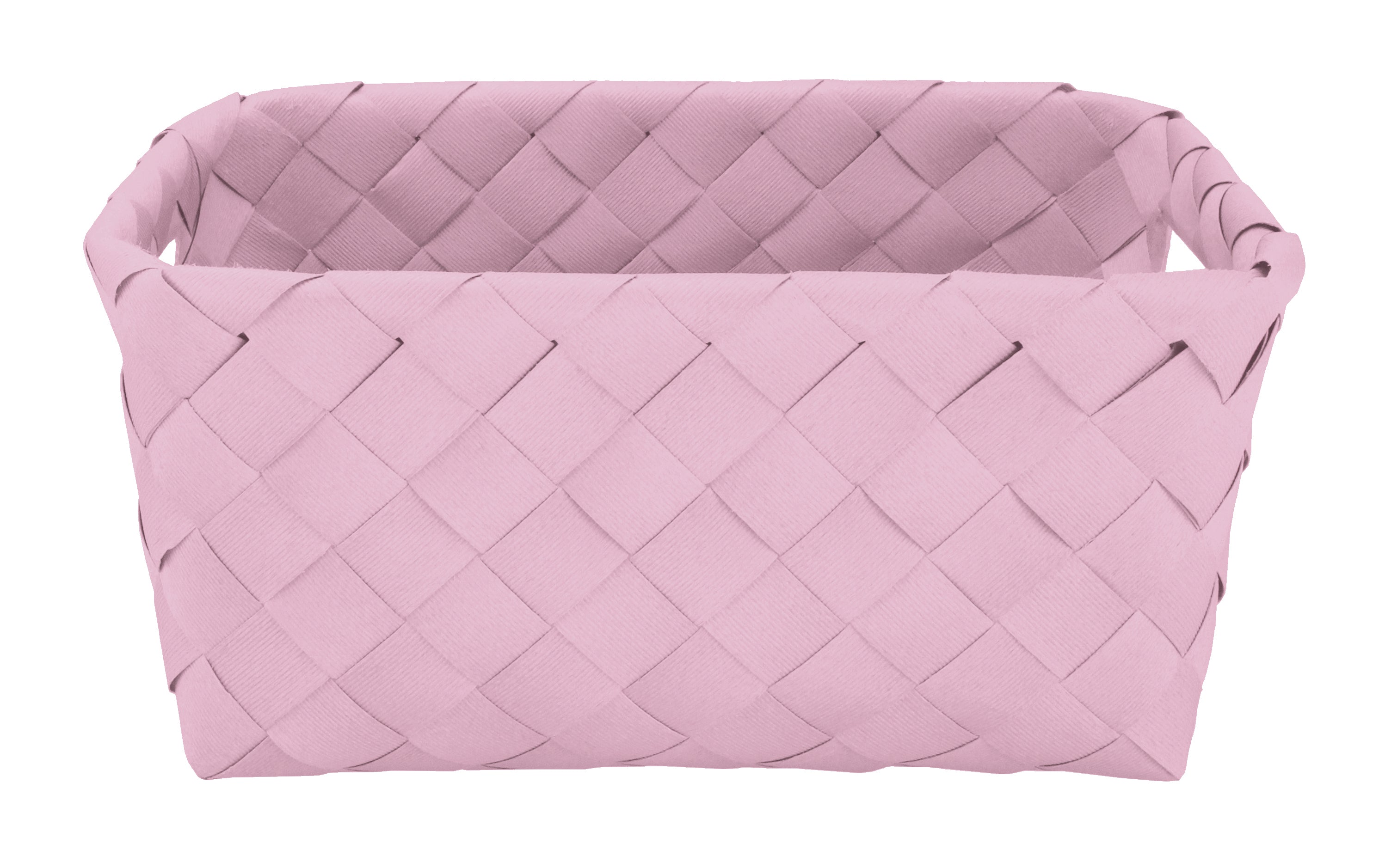 Der rosa Aufbewahrungskorb ASPERA Erika M aus Flechtstruktur steht leer vor weißem Hintergrund.