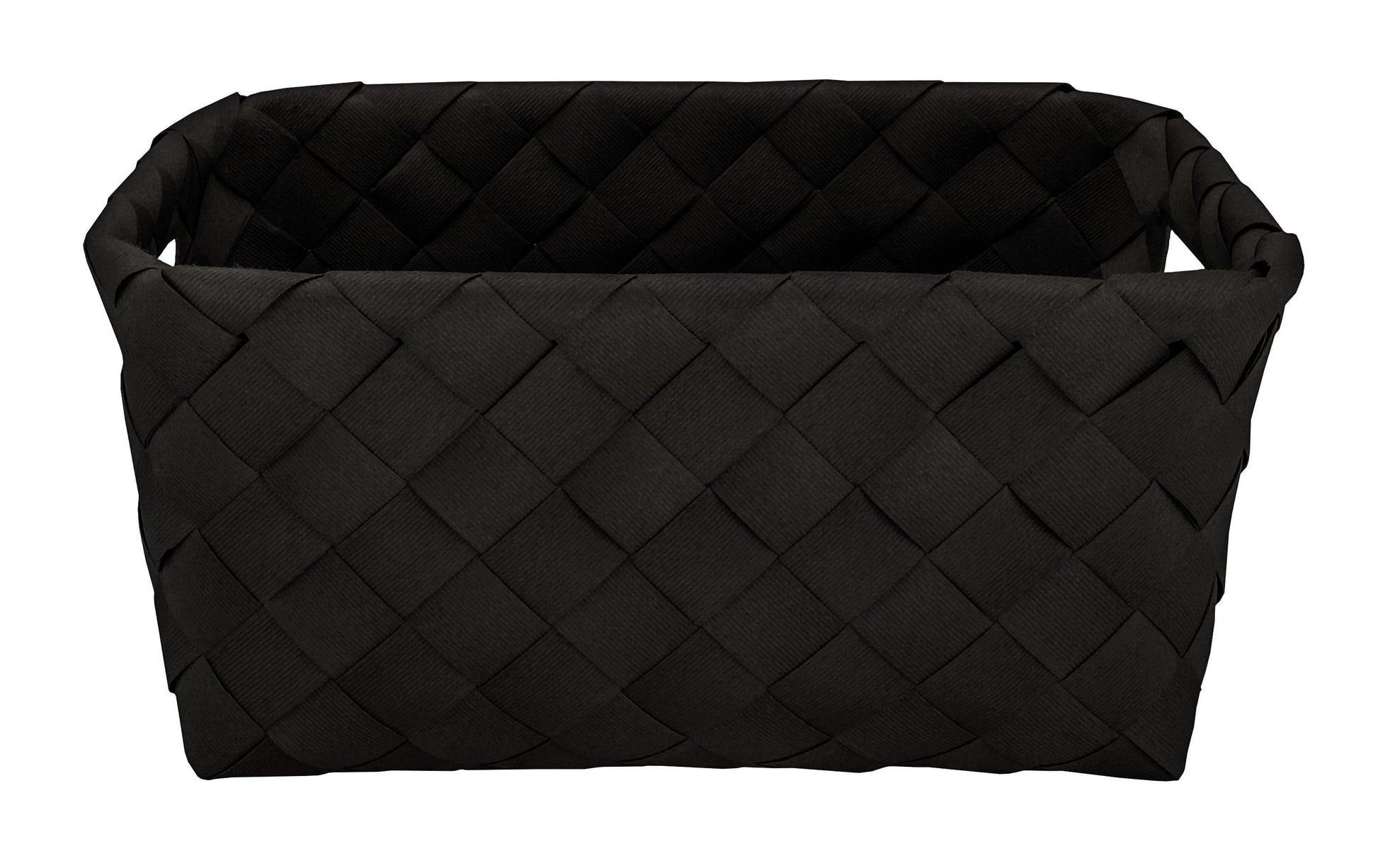 Schwarzer Aufbewahrungskorb ASPERA M aus Flechtmaterial steht leer vor weißem Hintergrund.